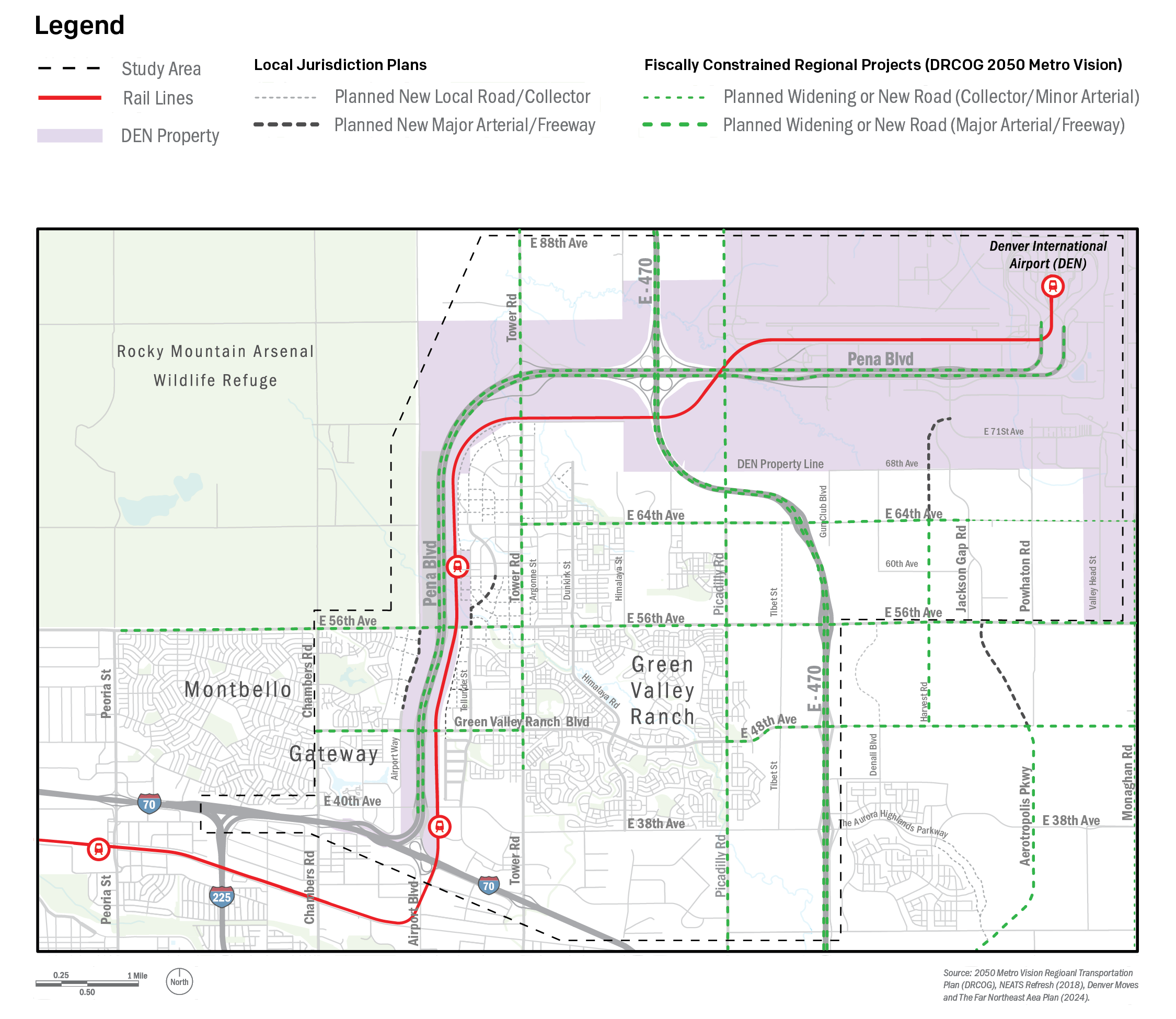 Map showing existing and planned roadway network near DEN and within the project area. The study area is outlined with a dashed black line, and DEN property is shaded in light purple. The RTD A Line is shown in solid red, and existing roads are shown in solid gray. Planned new local roads and collectors are indicated with thin gray dashed lines, while planned new major arterials or freeways are shown with thick black dashed lines. Planned widening or new roads that are fiscally constrained regional projects in the Denver Regional Council of Governments 2050 Metro Vision plan are marked with green dashed lines — thin for collectors/minor arterials and thick for major arterials/freeways. Key roads labeled include Peña Boulevard, Tower Road, Picadilly Road, and major east-west streets such as East 40th Avenue, East 56th Avenue, and East 64th Avenue. The Rocky Mountain Arsenal Wildlife Refuge is shown on the left, and neighborhoods like Montbello, Gateway, and Green Valley Ranch are labeled. A legend at the top explains symbols for study area, rail lines, DEN property, and planned roadway types.